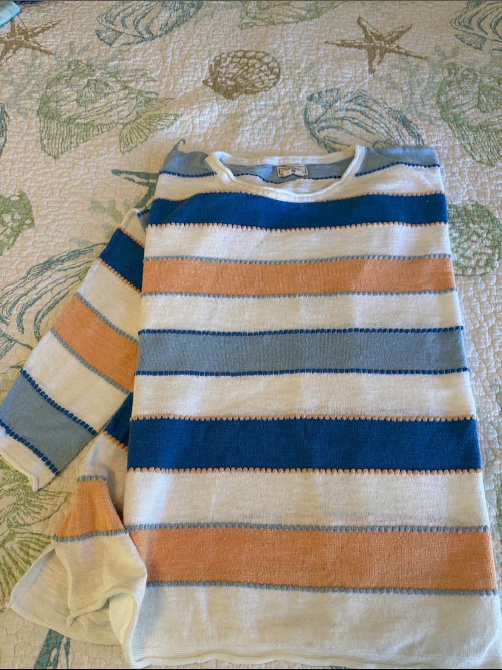 Fat Face Striped Crewneck Sweater in Blue, White & Tan